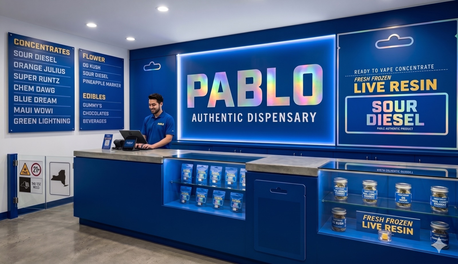 Pablo Authentic Dispensary — retail display with Live Resin and Flavors